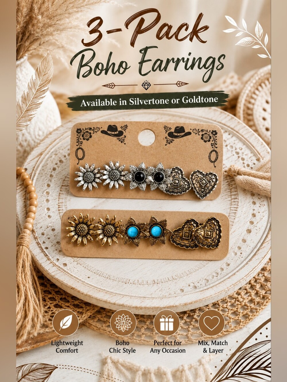 3-Pack Boho Earrings Set - Silvertone and Goldtone